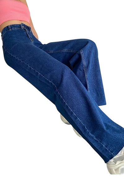 byhaziran butik Mireille Women's Dark Blue Extra High Waist Stretchy Waist Pocket Detailed 90's Wide Leg Jeans