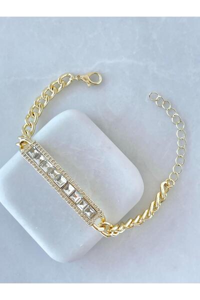 Seda Bijuteri Square Crystal Stone Chain Bracelet Gold