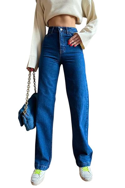 byhaziran butik Circe Young Girl Dark Blue High Waist Lycra Casual Loose Leg Jeans