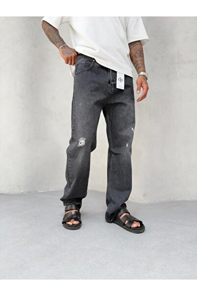 denim pasaport Gri Siyah Yırtıklı Baggy Bol Kot Pantolon