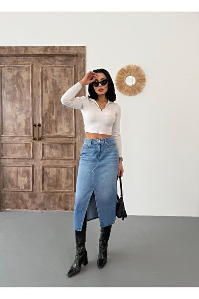 XBELLA DENİM Dámská midi džínová sukně s detailem předního rozparku