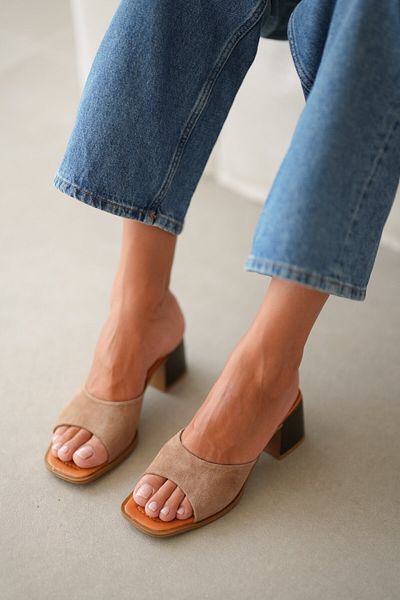 selinshoes Tessa Genuine Leather Heeled Women's Slippers - Mink Suede