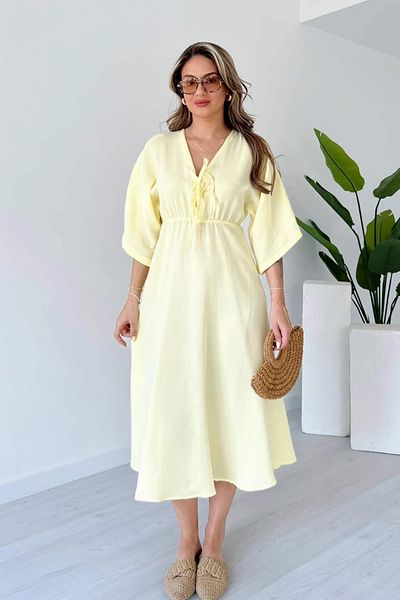 Sorridi Front Tie V-Neck Muslin Fabric Half Sleeve Dress