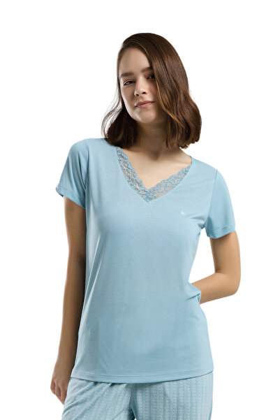 Pierre Cardin Kadın Mavi Kısa Kol Cep Detaylı V Dantelli Yaka Ev Giyim Takımı VR.PC.K89.t98.Y15