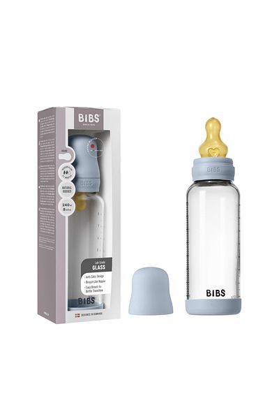 Bibs Complete set of anti-colic glass bottle with latex nipple, medium flow, 240 ml, Baby Blue