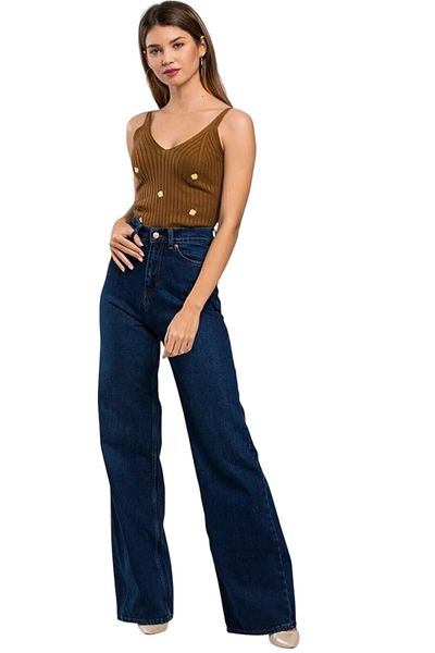 byhaziran butik Mine Women's Dark Blue Extra High Waist Stretchy Denim Fabric Loose Leg Jeans