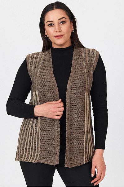 Uludağ Triko Women's Brown Double Color Openwork Embroidered Seasonal Knitwear Mother Summer Vest