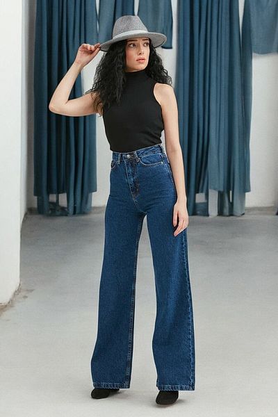 byhaziran butik Alie Young Girl Dark Blue High Waist Lycra Comfortable Loose Leg Jeans