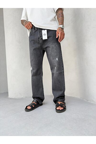 denim pasaport Gri Siyah Yırtıklı Baggy Bol Kot Pantolon