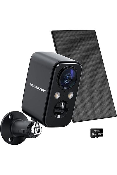 WowStep Surveillance Camera, 2MP, Solar Panel, Full HD, Motion Detection, Night Vision, 32 GB Card, Black