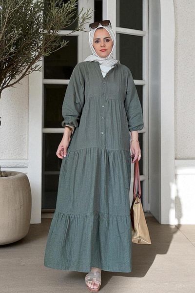 Aselim Hijap Moda Buttoned Robe Cut 4 Layer Muslin Dress – 100% Cotton Summer Model (Size 36-52) Green