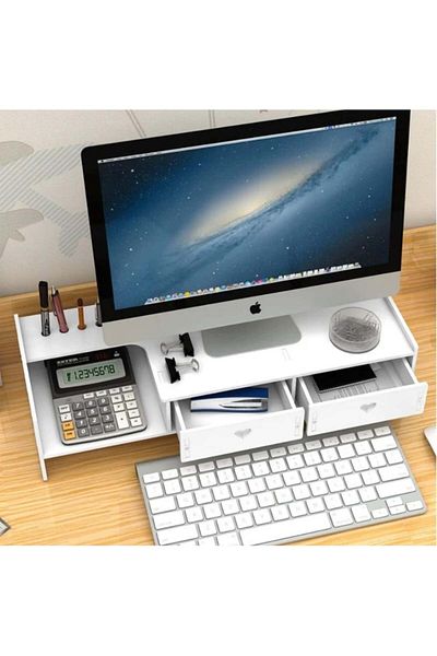 divendi-ro Suport monitor multifuncțional cu 2 sertare, lemn cu plastic, 49x19x12cm, alb