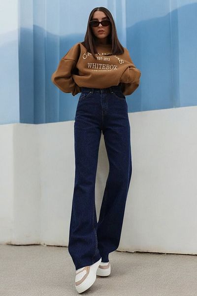 byhaziran butik Biusy Young Girl Dark Blue High Waist Elastane Blended Unlined Wide Leg Jeans