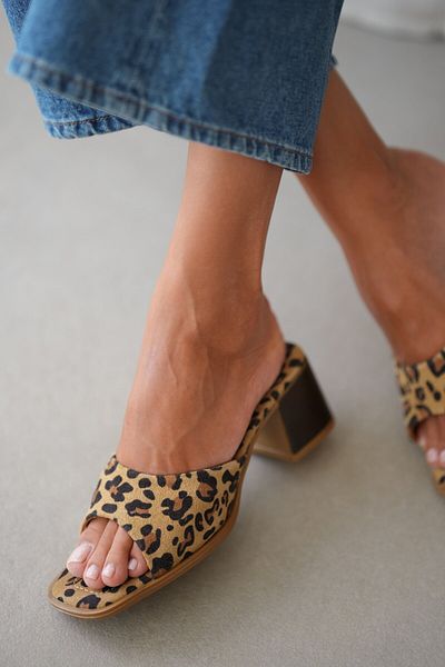 selinshoes Tessa Genuine Leather Heeled Women's Slippers - Leopard