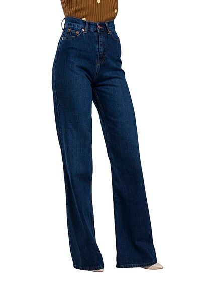 byhaziran butik Mine Women's Dark Blue Extra High Waist Stretchy Denim Fabric Loose Leg Jeans