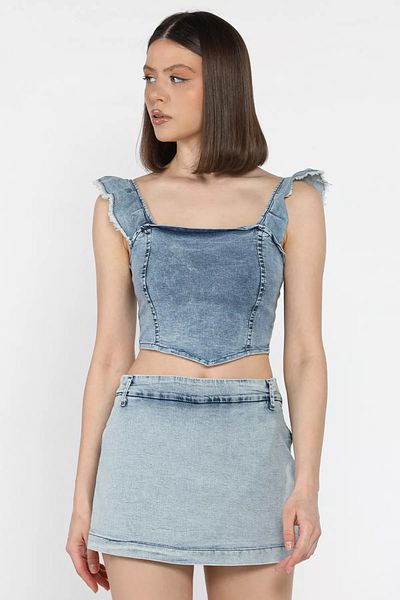 GÜLSELİ Bluză crop top din denim cu fermoar pe spate cu volane pentru femei albastre