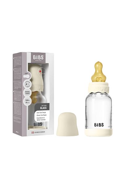 Bibs Complete set of Boheme anti-colic glass bottle with latex nipple, slow flow, 120 ml, Ivory