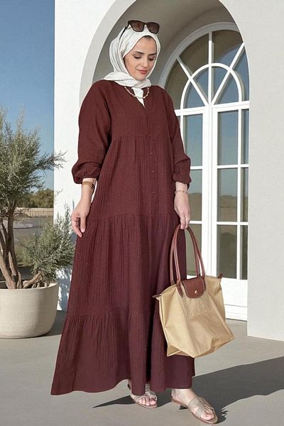Aselim Hijap Moda Φόρεμα μουσελίνας με κουμπιά Roba Cut 4 στρώσεων – Καλοκαιρινό μοντέλο 100% βαμβάκι (μέγεθος 36-52) Ανοιχτό καφέ