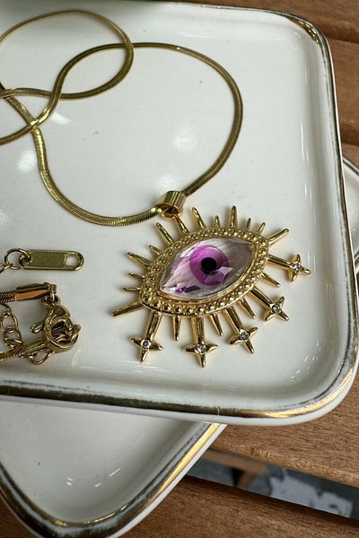 My Joyas Design Purple Eye Necklace in Steel Crystal Stone 50cm