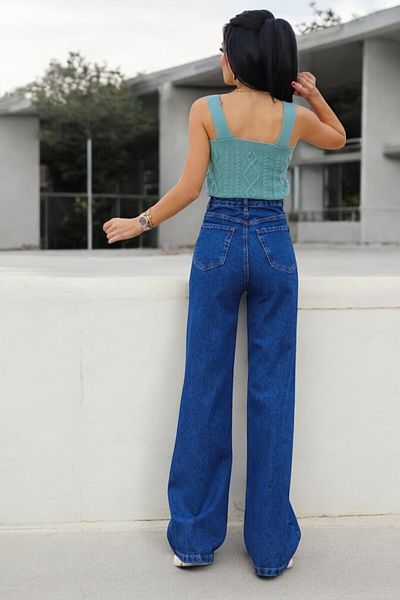 byhaziran butik Broe Young Girl Dark Blue High Waist Lycra Comfortable 90's Loose Leg Jeans
