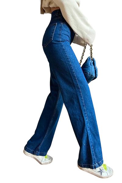 byhaziran butik Circe Young Girl Dark Blue High Waist Lycra Casual Loose Leg Jeans