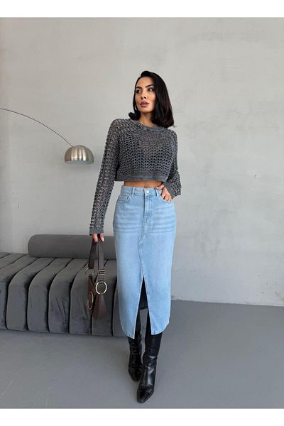 XBELLA DENİM Fusta de denim de lungime midi pentru damă cu detaliu de fantă în față