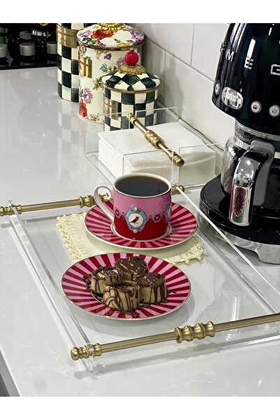 HİD DESIGN 4-6 Winter Tea/Coffee/Engagement/Tray Plexy Ring Detail Handle Mat Gold
