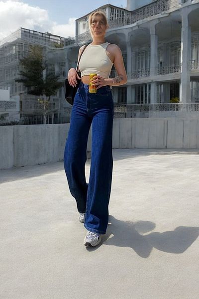 byhaziran butik Mila Young Girl Dark Blue High Waist Elastane Blended Modern Loose Leg Jeans