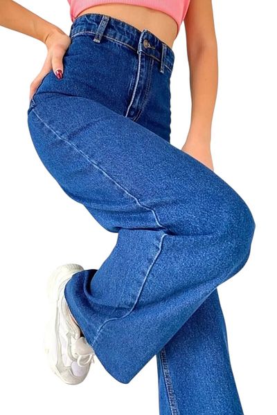 byhaziran butik Mireille Women's Dark Blue Extra High Waist Stretchy Waist Pocket Detailed 90's Wide Leg Jeans