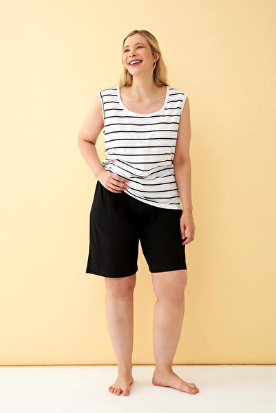 Akbeniz Women's White Plus Size Pajama Set with Shorts