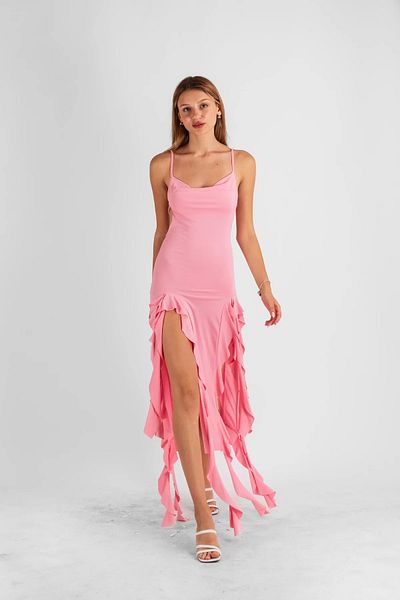 Bak Moda Degaje Collar Midi Length Ruffled Pink Dress