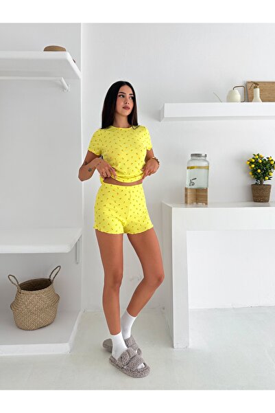 LETS BASIC Limonlu Sarı Kısa Kollu Şortlu Pijama Takımı