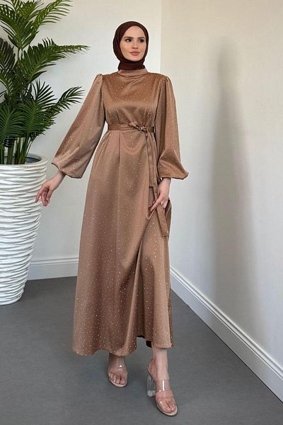 MERVEN AKYÜZ Milano Stone Balloon Sleeve Evening Dress Mink