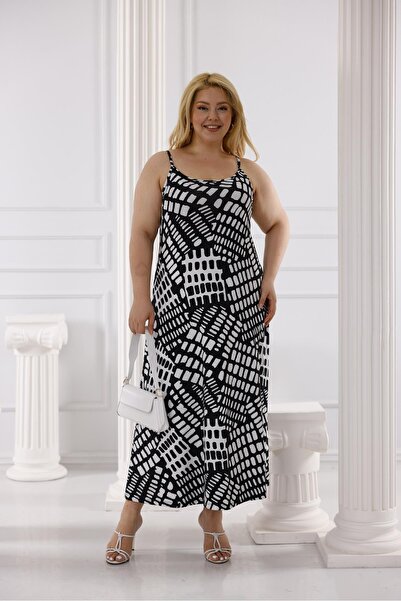 Siyezen Plus Size Rope Strap Cotton Lycra Basic Patterned Dress