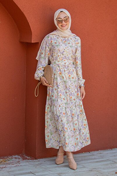 Tesettür Çarşım Lidy Çiçekli Desen Yazlık Elbise-Turuncu