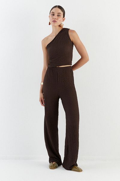 Shopping Shop One Shoulder Seersucker Fabric Blouse Pants Suit Brown
