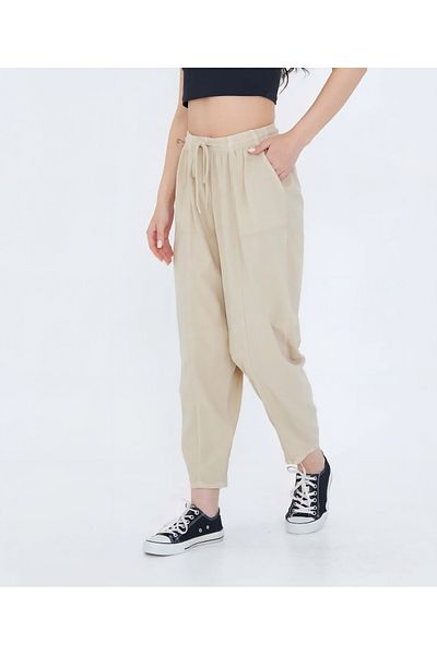 Rosidam Balloon Leg Elastic Waist Plain Linen Trousers