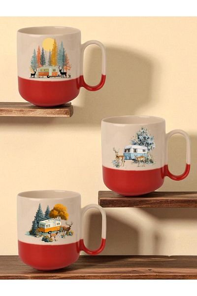 lili hediyelik Deer and Caravan Printed Red Bottomed 3-Piece Mug - Home Kitchen Office Workplace Gift Item