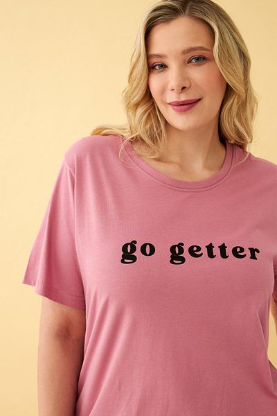 Akbeniz Women's Salmon Go Getter Written Large Size Pajama Set