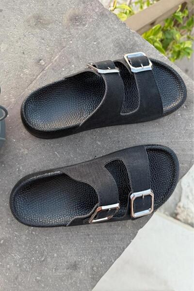 Melissa Boutique Women's Black Sparkle Glitter Sun Shining Fabric Orthopedic Sole Buckle Detailed Strappy Summer Slippers