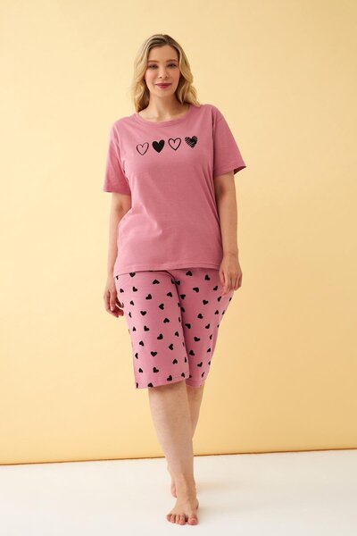 Akbeniz Γυναικείο σετ πιτζάμες Capri με μοτίβο καρδιάς σομόν