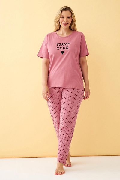 Akbeniz Women's Salmon "Trust Your Heart" Written Large Size Pajamas Set