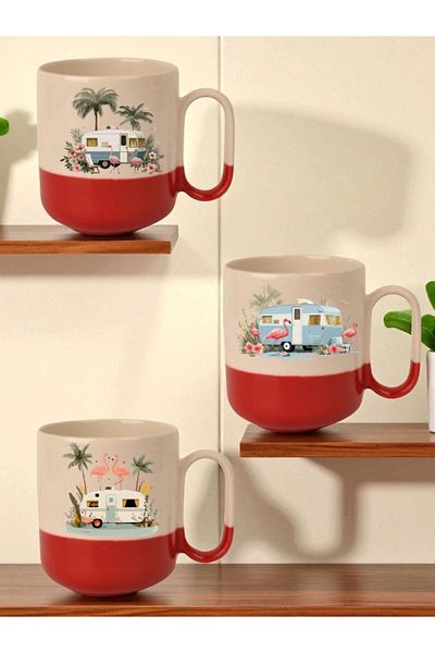 lili hediyelik Flamengo and Caravan Printed Red Bottomed 3-Piece Mug Set - Home Kitchen Office Workplace Gift Item
