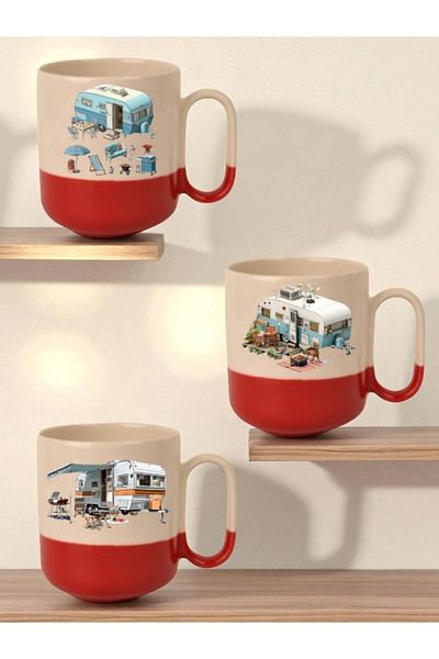 lili hediyelik Camping and Caravan Printed Red Base 3-Piece Mug - Home Kitchen Office Workplace Gift Item