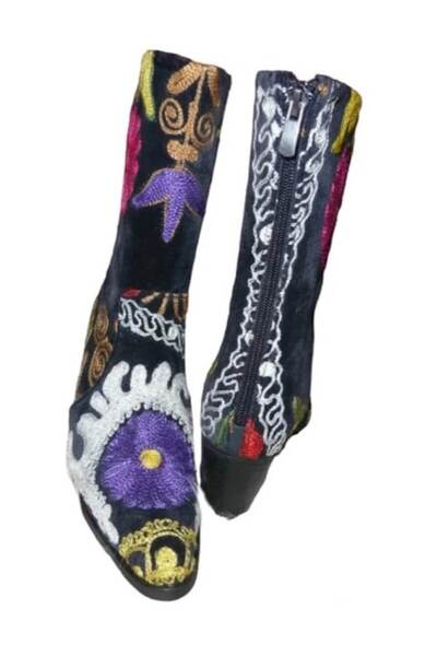 Anatolia Cizme scurte Melissa, piele si catifea brodata cu matase, Negru, 37