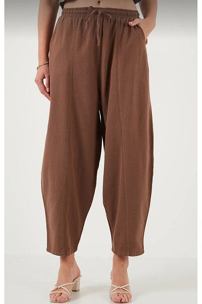 Rosidam Balloon Leg Elastic Waist Plain Linen Trousers