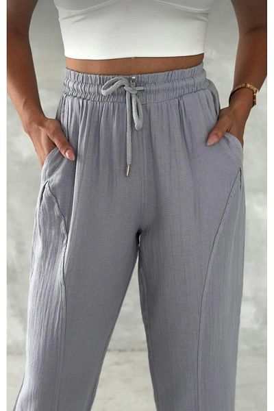 Rosidam Balloon Leg Elastic Waist Plain Linen Trousers