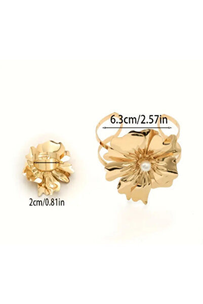 SE Jewellery Collection Selin Ersoy Altın Kaplama İnci Detaylı Büyük Çiçek Yüzük ve Bileklik Seti