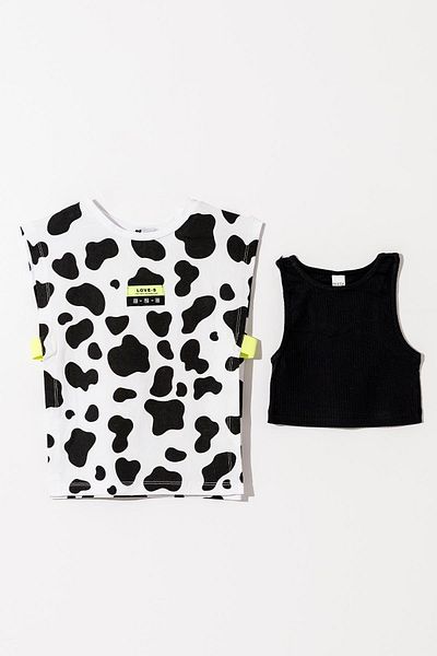Magu Girl's Cotton Black and White Patterned Oversize T-Shirt and Black Ribbed Undershirt Two-Piece Set