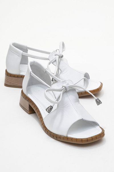 Dericlub Women's Short Square Heeled Open Front Sandals Real Leather Zy 8155 White